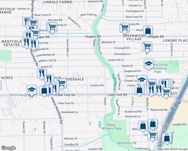 map of restaurants, bars, coffee shops, grocery stores, and more near 2629 Lone Oak Road in Houston