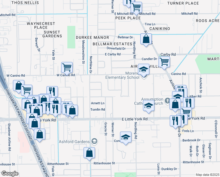 map of restaurants, bars, coffee shops, grocery stores, and more near 7709 Werner Street in Houston