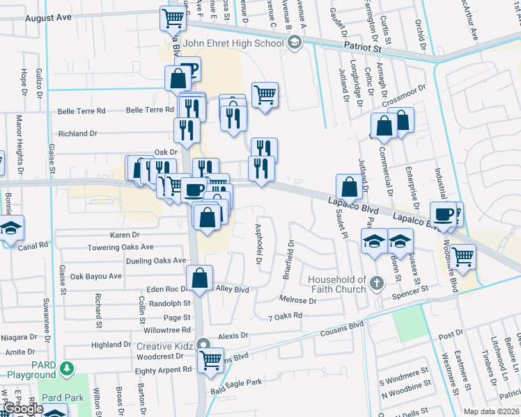map of restaurants, bars, coffee shops, grocery stores, and more near 16 Devereaux Drive in Marrero