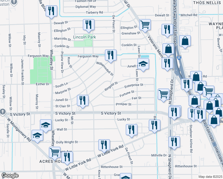 map of restaurants, bars, coffee shops, grocery stores, and more near 8003 De Priest Street in Houston
