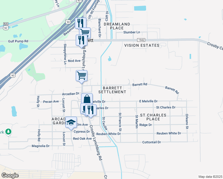 map of restaurants, bars, coffee shops, grocery stores, and more near 222 Barrett Road in Crosby