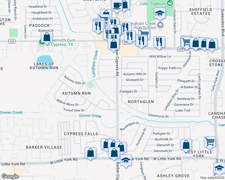 map of restaurants, bars, coffee shops, grocery stores, and more near 6689 Barker Cypress Road in Houston