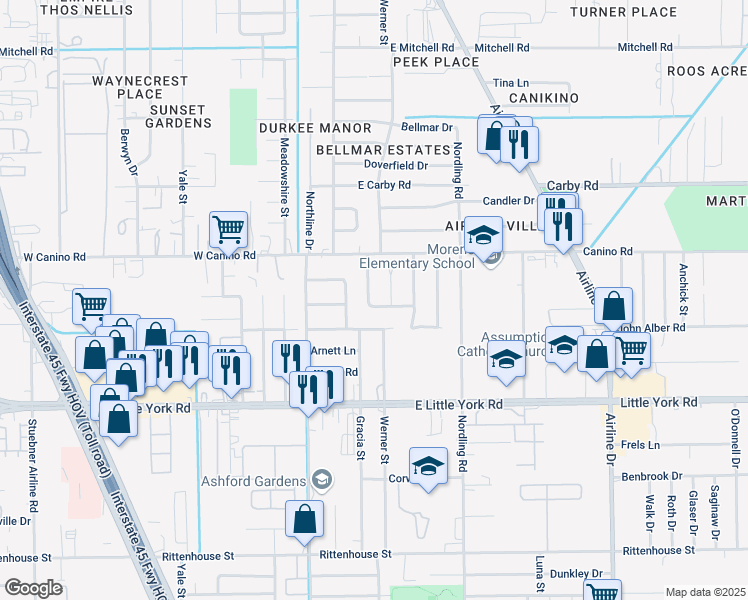 map of restaurants, bars, coffee shops, grocery stores, and more near 7709 Werner Street in Houston