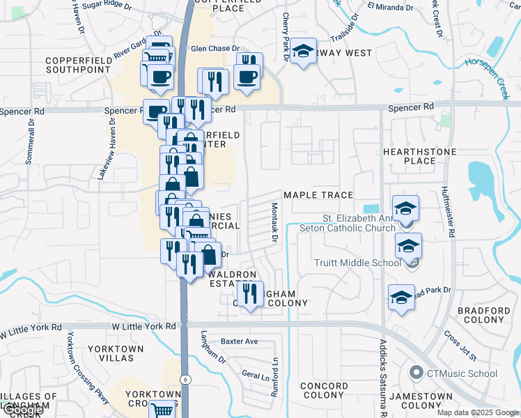 map of restaurants, bars, coffee shops, grocery stores, and more near 15325 Falmouth Avenue in Houston