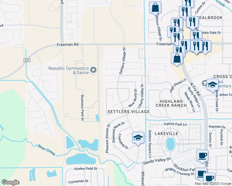 map of restaurants, bars, coffee shops, grocery stores, and more near 6707 Settlers Village Drive in Katy