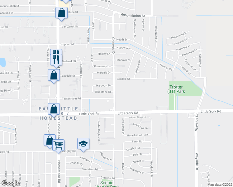 map of restaurants, bars, coffee shops, grocery stores, and more near 10914 Cheeves Drive in Houston