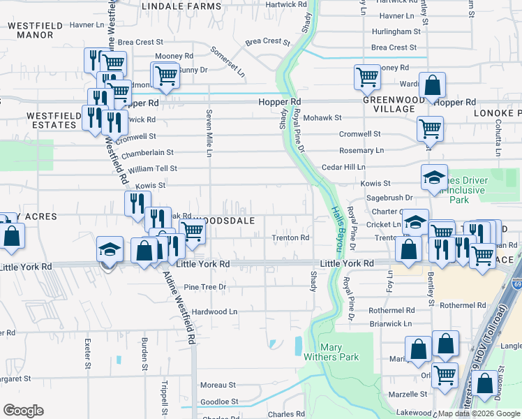 map of restaurants, bars, coffee shops, grocery stores, and more near 2527 Lone Oak Road in Houston