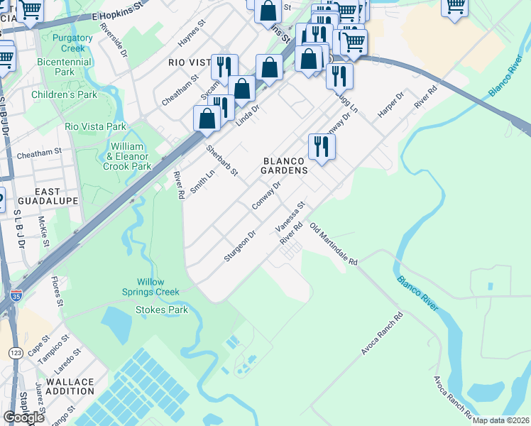 map of restaurants, bars, coffee shops, grocery stores, and more near 809 Sturgeon Drive in San Marcos