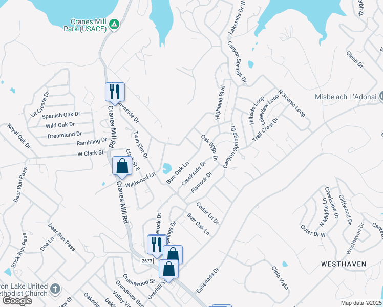 map of restaurants, bars, coffee shops, grocery stores, and more near 709 Burr Oak Lane in Canyon Lake