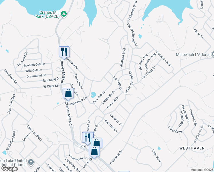 map of restaurants, bars, coffee shops, grocery stores, and more near 709 Burr Oak Lane in Canyon Lake