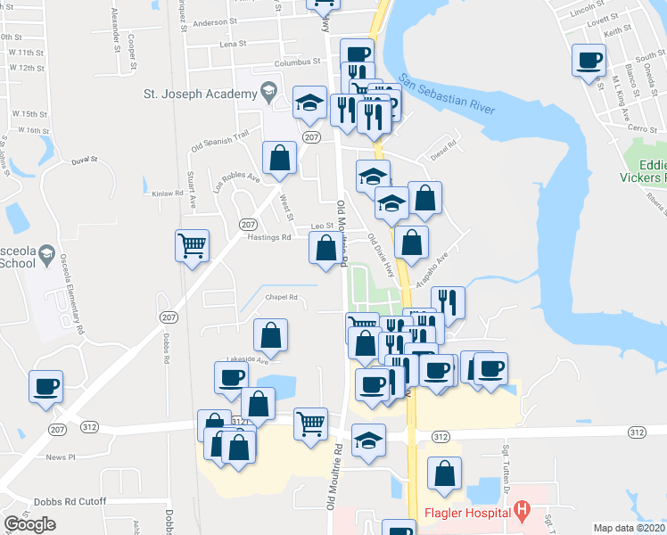 map of restaurants, bars, coffee shops, grocery stores, and more near 1555 Old Moultrie Road in St. Augustine