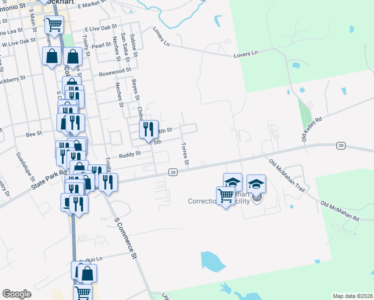 map of restaurants, bars, coffee shops, grocery stores, and more near 1310 Torres Street in Lockhart