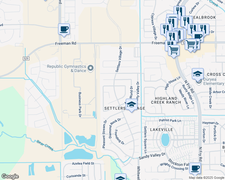 map of restaurants, bars, coffee shops, grocery stores, and more near 6707 Settlers Village Drive in Katy