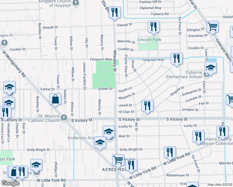 map of restaurants, bars, coffee shops, grocery stores, and more near 1085 South Lane in Houston