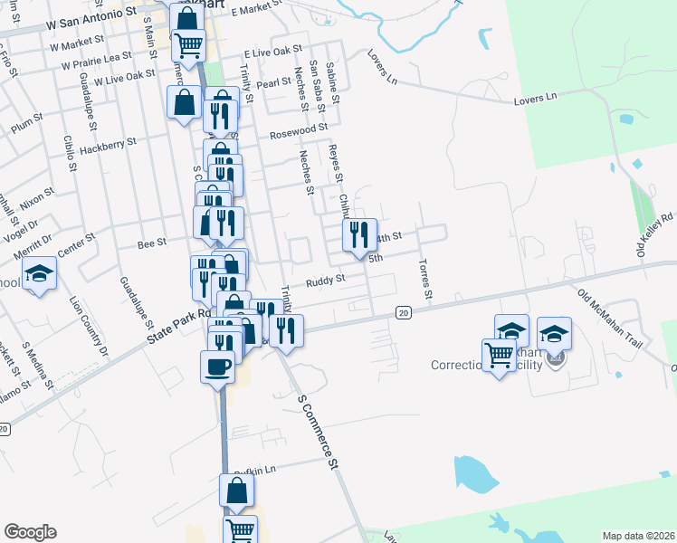 map of restaurants, bars, coffee shops, grocery stores, and more near 716 5th in Lockhart