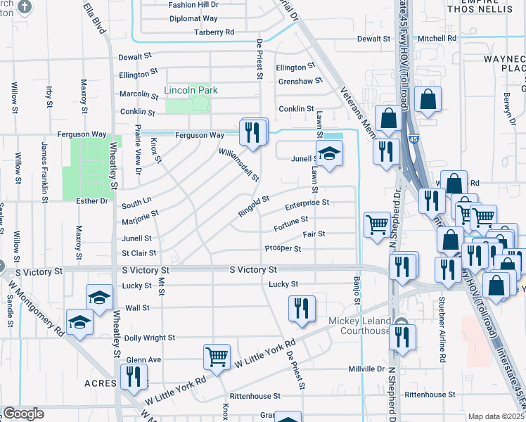 map of restaurants, bars, coffee shops, grocery stores, and more near 8003 De Priest Street in Houston