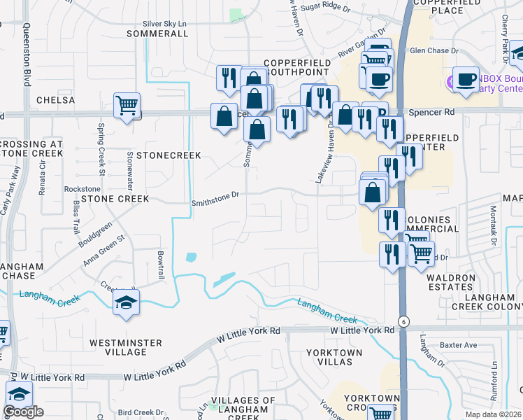 map of restaurants, bars, coffee shops, grocery stores, and more near 6706 Iris Falls Crossing in Houston