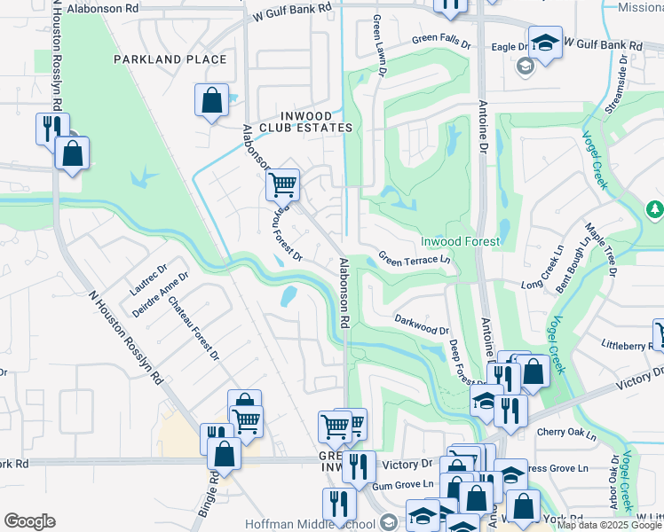 map of restaurants, bars, coffee shops, grocery stores, and more near 7114 Bayou Forest Drive in Houston