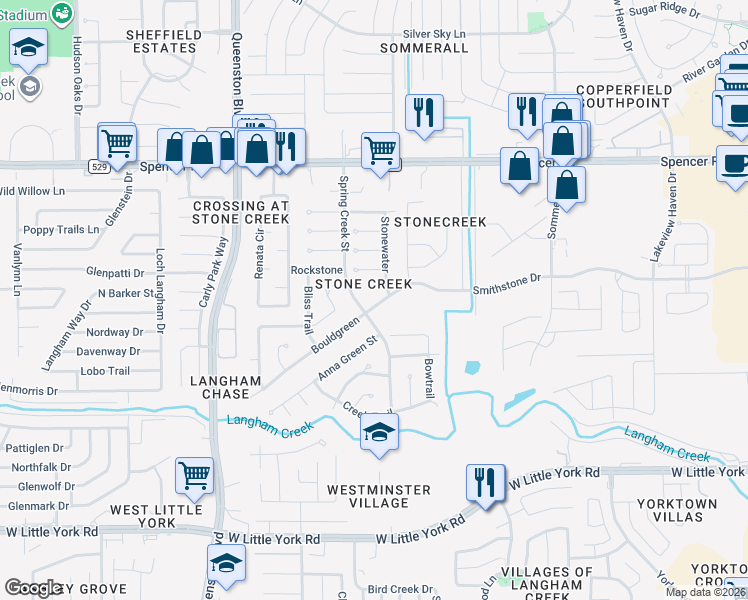 map of restaurants, bars, coffee shops, grocery stores, and more near 16714 Bouldgreen in Houston