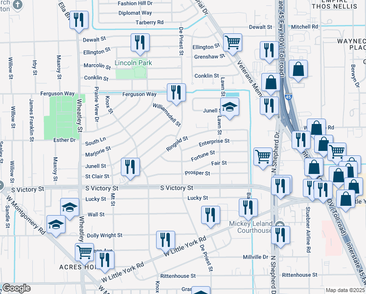map of restaurants, bars, coffee shops, grocery stores, and more near 8003 De Priest Street in Houston
