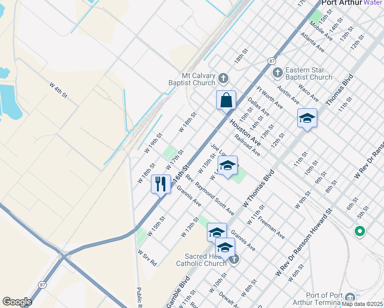 map of restaurants, bars, coffee shops, grocery stores, and more near 421 West Gulfway Drive in Port Arthur