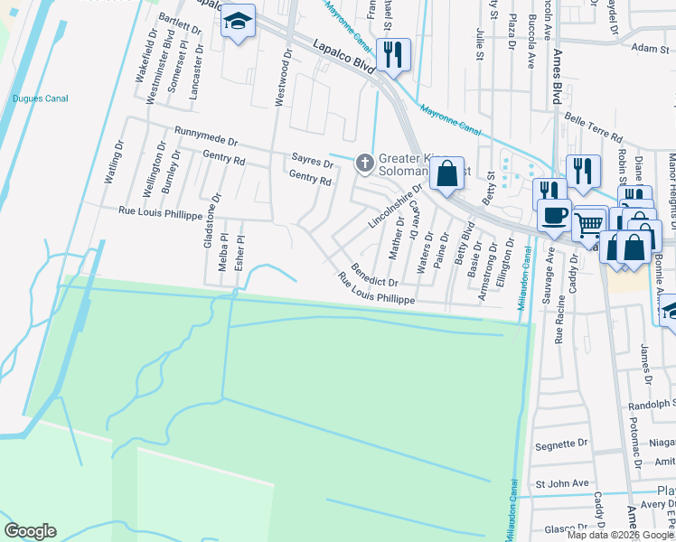 map of restaurants, bars, coffee shops, grocery stores, and more near 2100 Lincolnshire Drive in Marrero