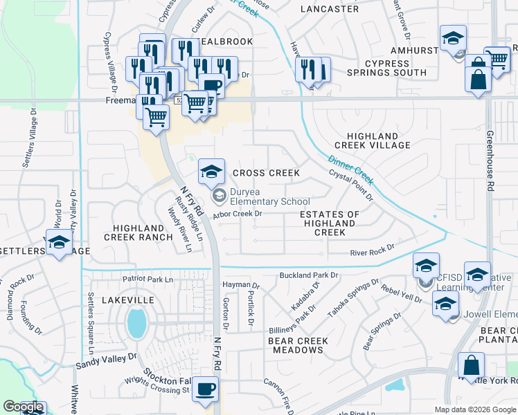 map of restaurants, bars, coffee shops, grocery stores, and more near 6710 Enchanted Crest Drive in Katy