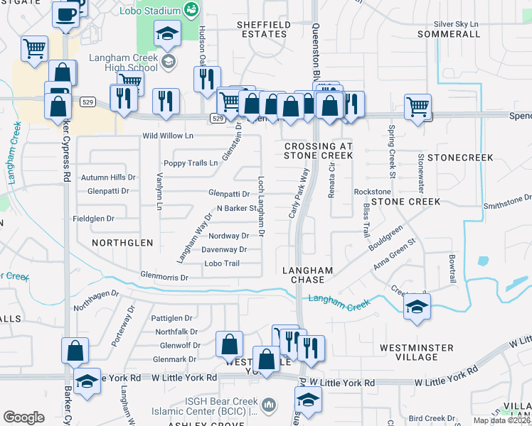 map of restaurants, bars, coffee shops, grocery stores, and more near 6626 Loch Langham Drive in Houston