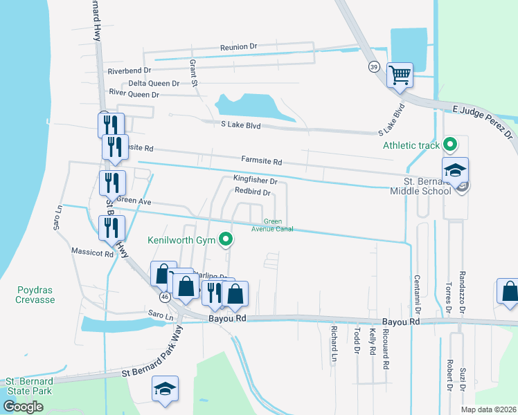map of restaurants, bars, coffee shops, grocery stores, and more near 2416 Warbler Drive in Poydras