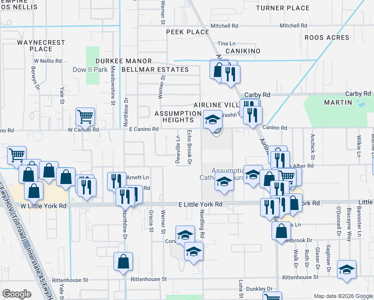 map of restaurants, bars, coffee shops, grocery stores, and more near 7707 Echo Brook Drive in Houston