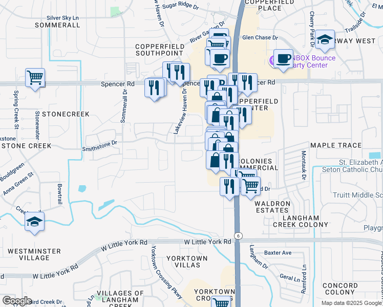 map of restaurants, bars, coffee shops, grocery stores, and more near 15903 Copper Oak Lane in Houston