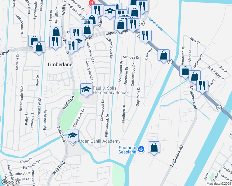 map of restaurants, bars, coffee shops, grocery stores, and more near 300 Southwood Drive in Gretna