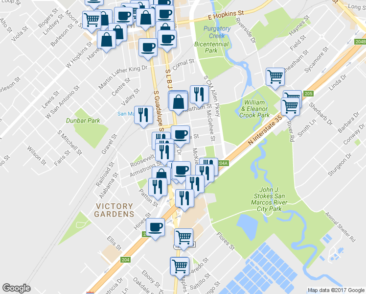 map of restaurants, bars, coffee shops, grocery stores, and more near 615 South L B J Drive in San Marcos