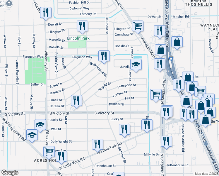 map of restaurants, bars, coffee shops, grocery stores, and more near 8003 De Priest Street in Houston
