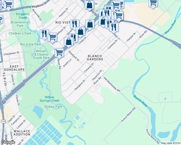 map of restaurants, bars, coffee shops, grocery stores, and more near 809 Sturgeon Drive in San Marcos