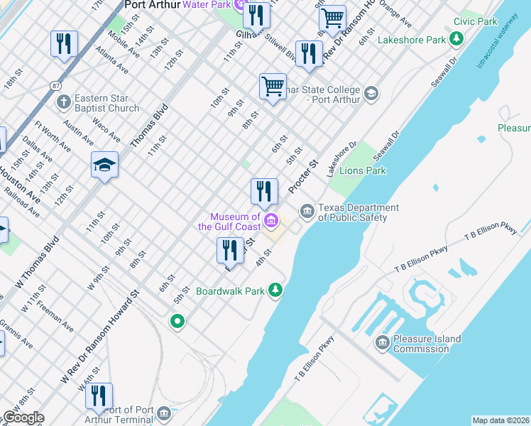 map of restaurants, bars, coffee shops, grocery stores, and more near 747 Procter Street in Port Arthur