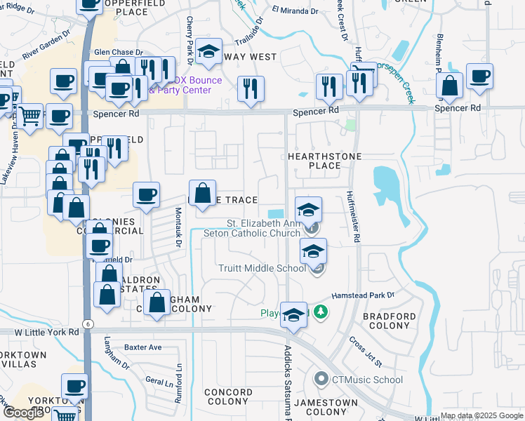 map of restaurants, bars, coffee shops, grocery stores, and more near 6714 Cleft Stone Drive in Houston
