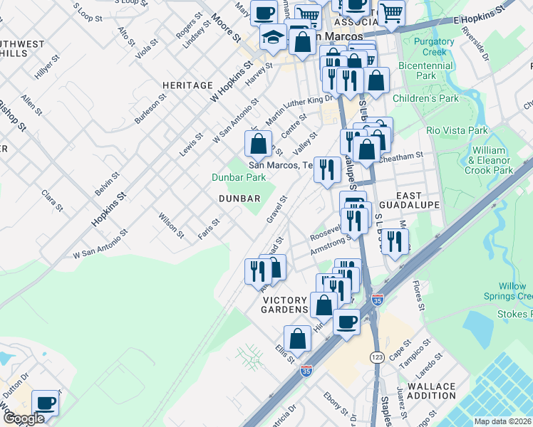 map of restaurants, bars, coffee shops, grocery stores, and more near 812 Gravel Street in San Marcos