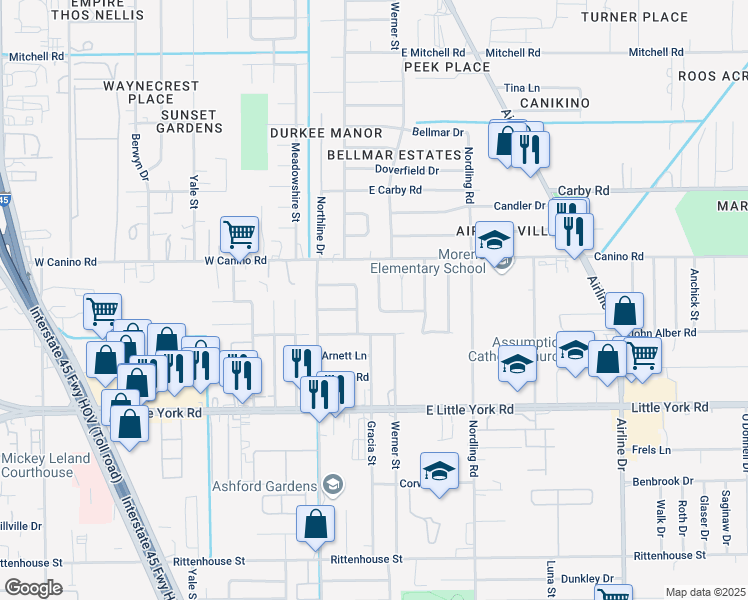map of restaurants, bars, coffee shops, grocery stores, and more near 7709 Werner Street in Houston