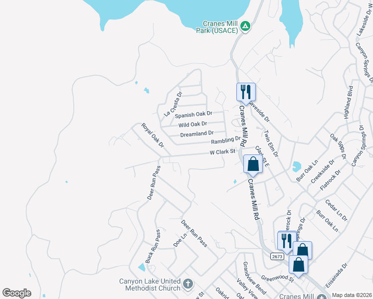 map of restaurants, bars, coffee shops, grocery stores, and more near 413 Rambling Drive in Canyon Lake
