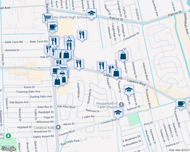 map of restaurants, bars, coffee shops, grocery stores, and more near 4301 Lapalco Boulevard in Marrero