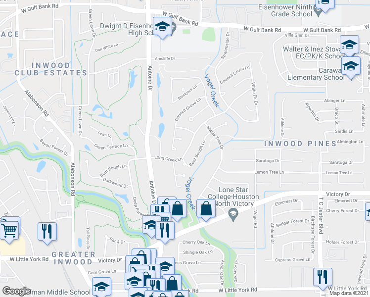 map of restaurants, bars, coffee shops, grocery stores, and more near 5622 Long Creek Lane in Houston