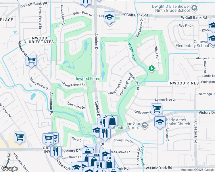 map of restaurants, bars, coffee shops, grocery stores, and more near 5730 Council Grove Lane in Houston