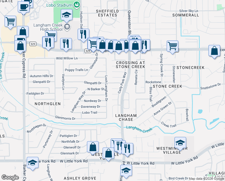 map of restaurants, bars, coffee shops, grocery stores, and more near 17207 Blushing Pear Court in Houston