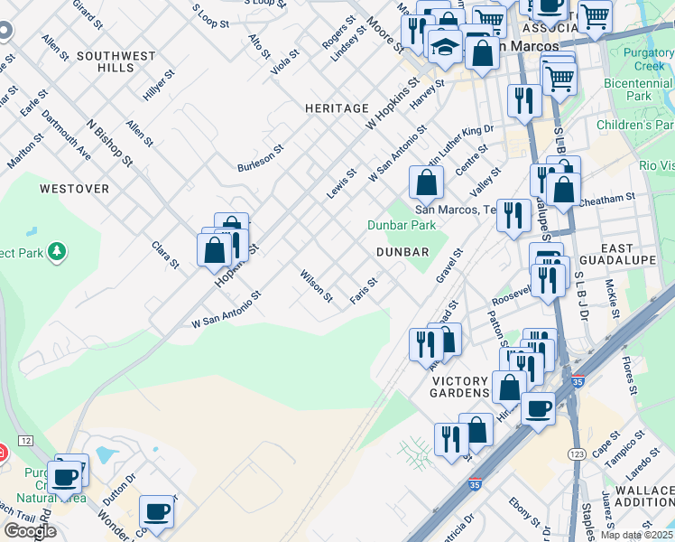 map of restaurants, bars, coffee shops, grocery stores, and more near 1103 Martin Luther King Drive in San Marcos