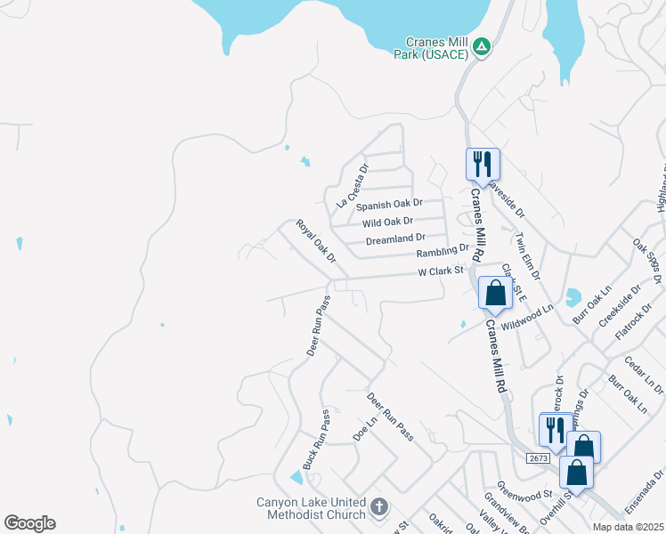 map of restaurants, bars, coffee shops, grocery stores, and more near 509 Royal Oak Drive in Canyon Lake