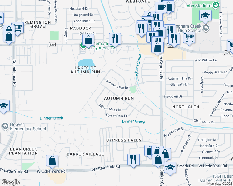 map of restaurants, bars, coffee shops, grocery stores, and more near 18406 Dinner Creek Drive in Katy