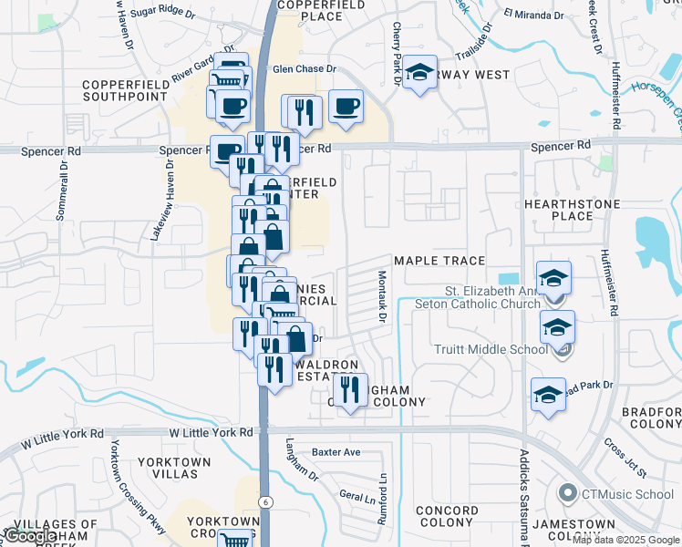 map of restaurants, bars, coffee shops, grocery stores, and more near 6703 Kentwick Drive in Houston