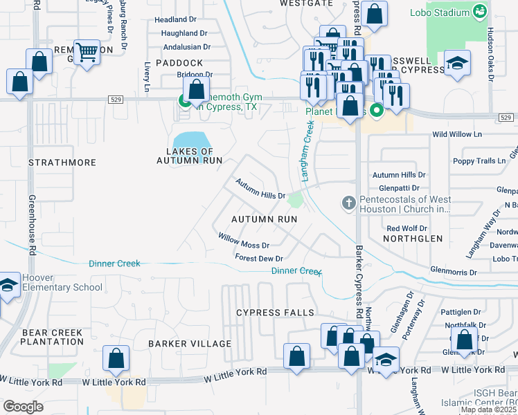 map of restaurants, bars, coffee shops, grocery stores, and more near 18406 Dinner Creek Drive in Katy