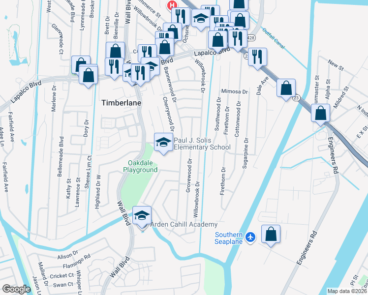 map of restaurants, bars, coffee shops, grocery stores, and more near 501 Bannerwood Drive in Gretna